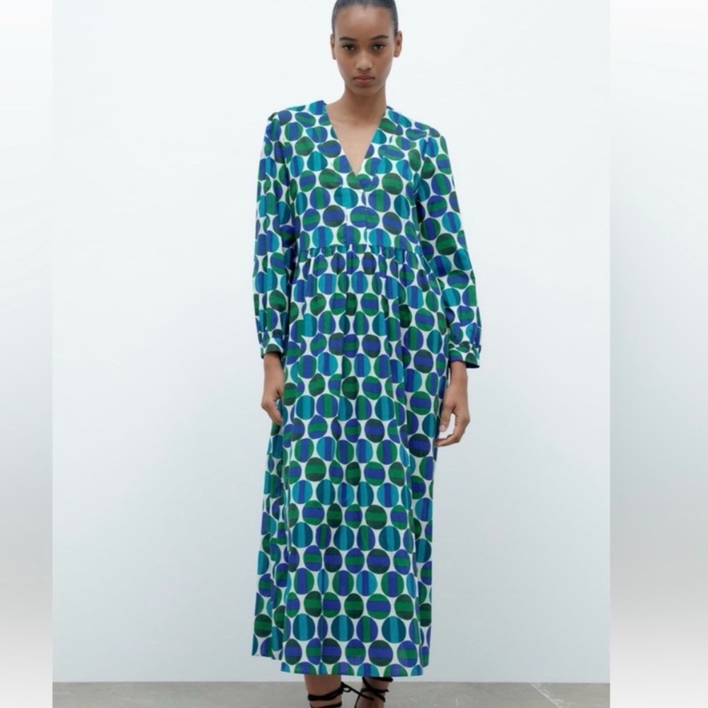 ZARA Printed Midi Dress 100% Cotton Sz Small Boho Retro Twee